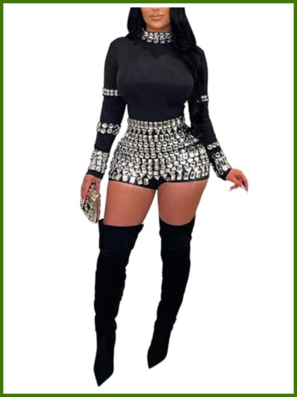 Rhinestone Long Sleeve Jumpsuit High Neck Bodycon Party Cocktail